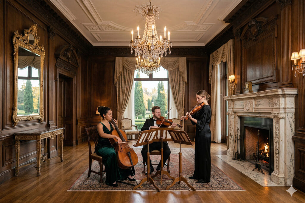 Professional string trio performing violin, viola, and cello in a luxury estate ballroom.