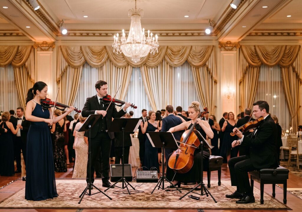 A modern string quartet featuring two violins, a viola, and a cello performing on a luxury ballroom stage at a wedding with a large crystal chandelier.