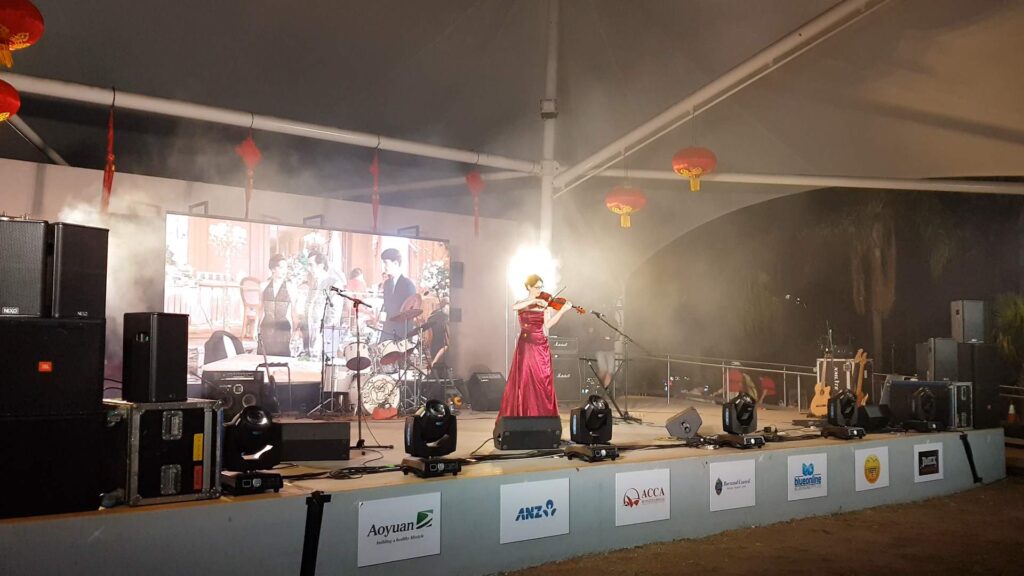 Professional stage setup and audio equipment for Electra Strings live event in Sydney