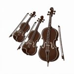 Minimalist dark brown and white icon of a string trio featuring a violin, viola, and cello with bows on a solid white background.