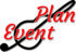 Plan Events logo featuring a treble clef and red cursive text, representing professional musician hire and event planning services in Sydney.