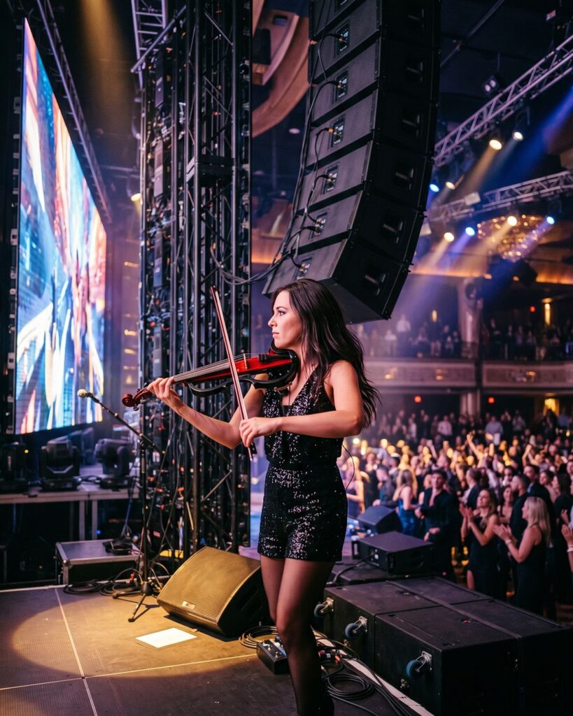 Professional female electric violinist performing on a luxury stage, playing a black and red electric violin in front of large speaker arrays and professional event lighting.