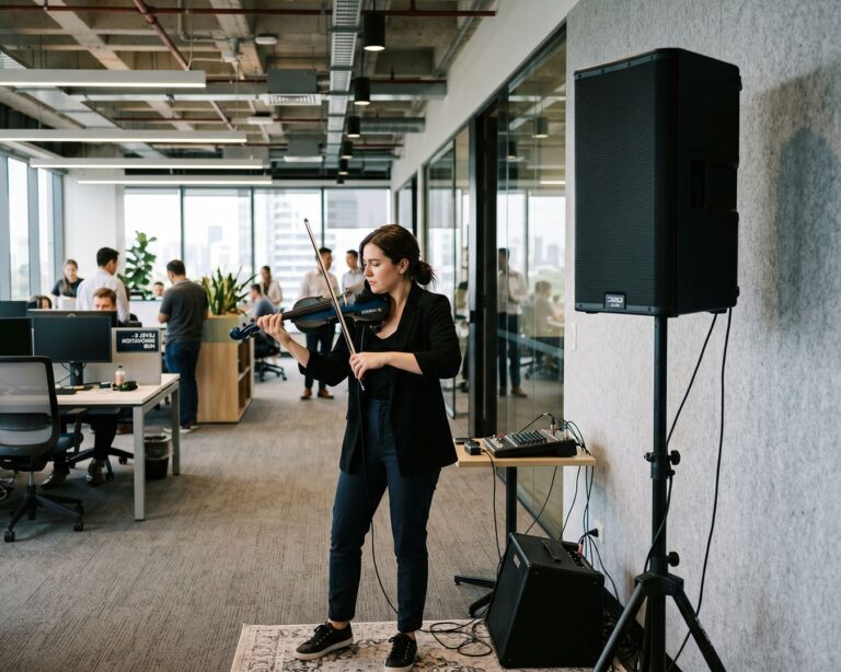 A female solo electric violinist performing with a black and blue Yamaha electric violin in a modern, open-plan corporate office setting next to a large PA speaker.