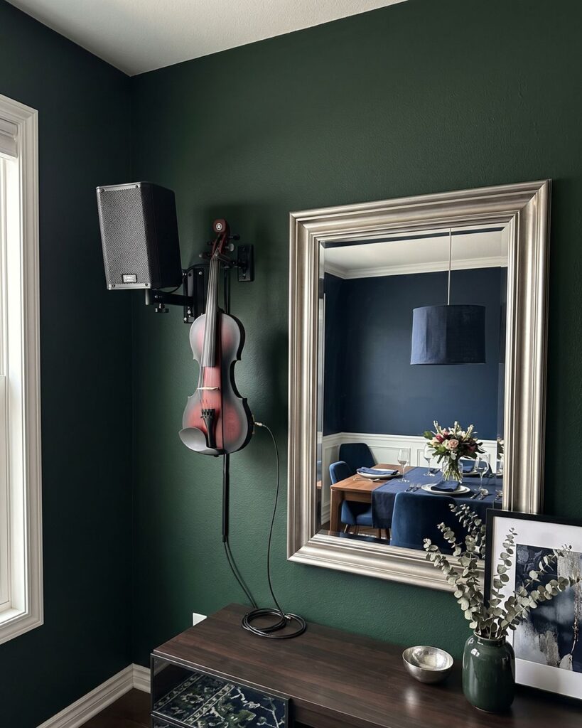 Solo electric violinist for events in Sydney, featuring a red and black Yamaha electric violin on a wall-mounted stand.