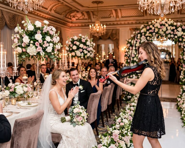 Professional electric violinist performing for a bride and guests during a luxury wedding reception in Sydney.