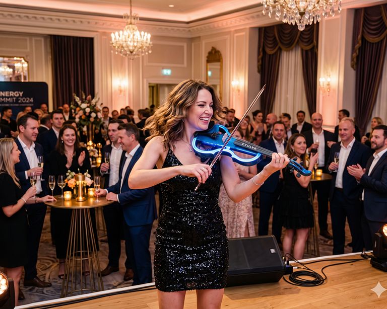 Professional female electric violinist performing solo at a luxury corporate event in a grand ballroom with a sophisticated audience.