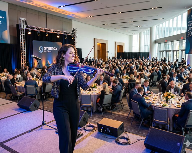 Professional female electric violinist performing on stage during a large corporate lunch event with a seated audience in a modern ballroom.