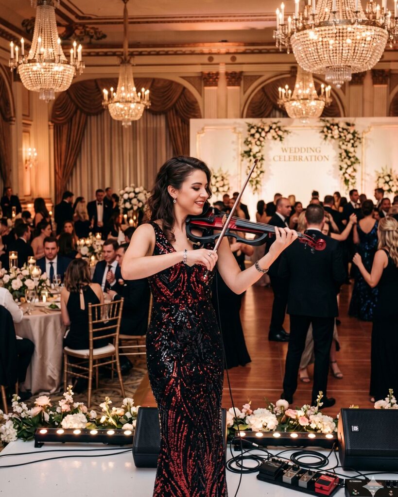 Professional female electric violinist performing on stage at a luxury wedding reception in a grand ballroom.