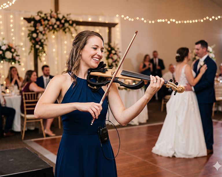 Professional female electric violinist performing solo at a wedding reception with a Yamaha-style electric violin during a couple's first dance.