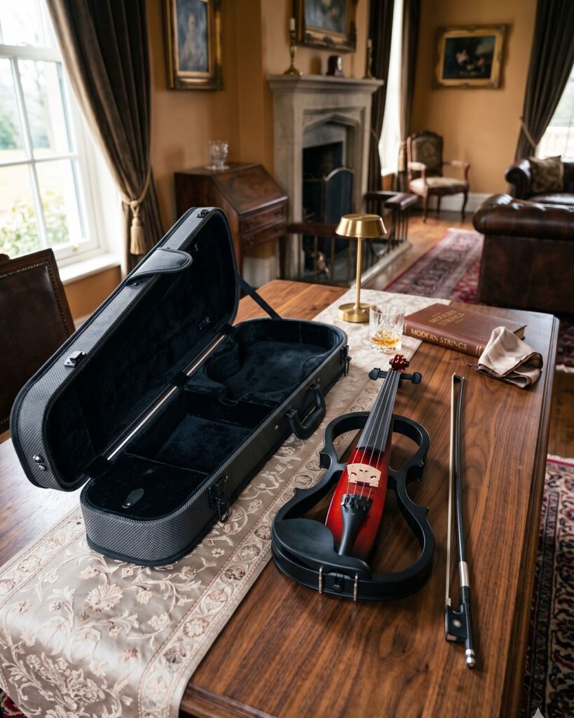 Black and red Yamaha silent electric violin with bow and gray Kevlar case on a wooden table in a luxury lounge.