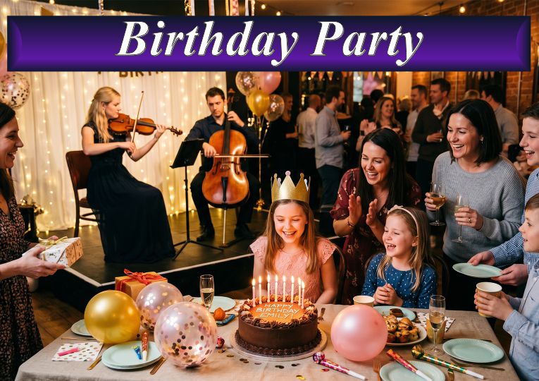 Professional violinist and cellist performing live music for a birthday party celebration in Sydney.