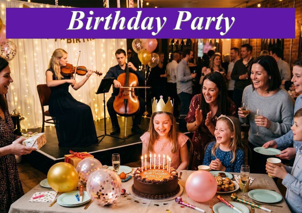 Solo violinist and cellist performing live music for a children's birthday party celebration in Sydney.
