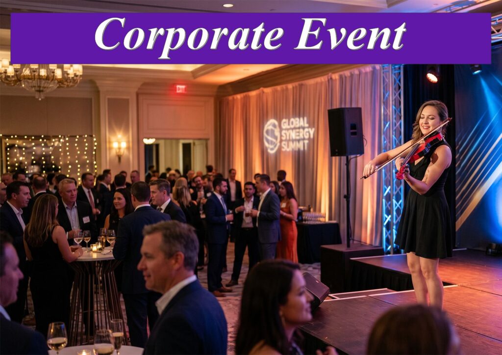 Professional female violinist performing live music for a corporate event cocktail hour in Sydney.
