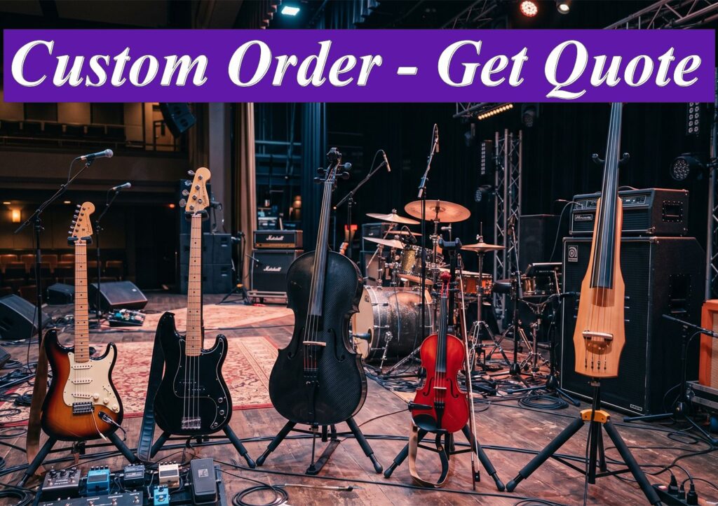 Custom handmade electric guitars and cellos on stage stands in Sydney.