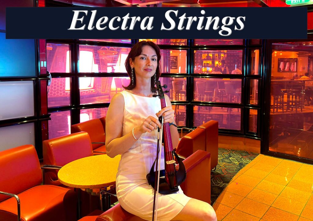 Professional female violinist from Electra Strings performing in a vibrant modern lounge setting.