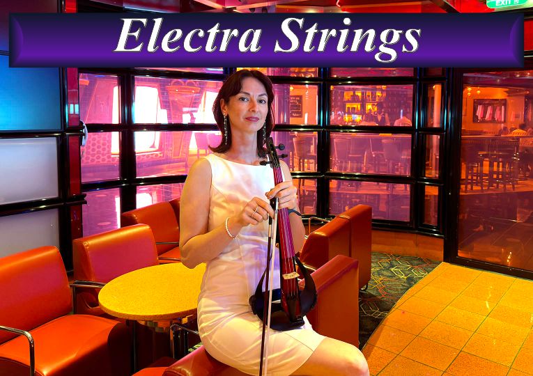 Professional female violinist from Electra Strings performing in a vibrant modern lounge setting.
