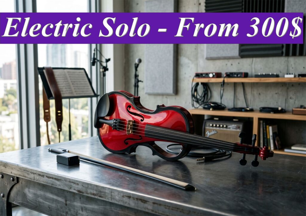 A sleek red electric violin on a modern workbench, representing solo electric violin performances in Sydney starting from $300.