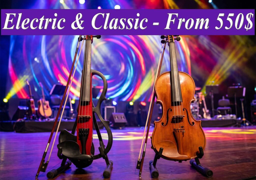 Electric cello and acoustic classical cello on stage with professional lighting, representing the Electric & Classic live music entertainment package.