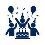 Icon of a festive birthday cake, balloons, and gift boxes, representing PlanEvent's birthday party entertainment and booking services.