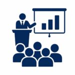 Vector icon of a corporate speaker on stage with people networking and an online communication network, for PlanEvent's corporate event services.