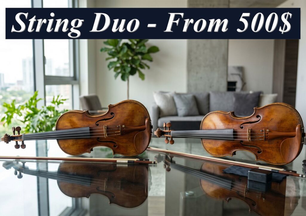Two professional cellos or violins displayed in a modern interior, representing string duo event music packages starting from $500.