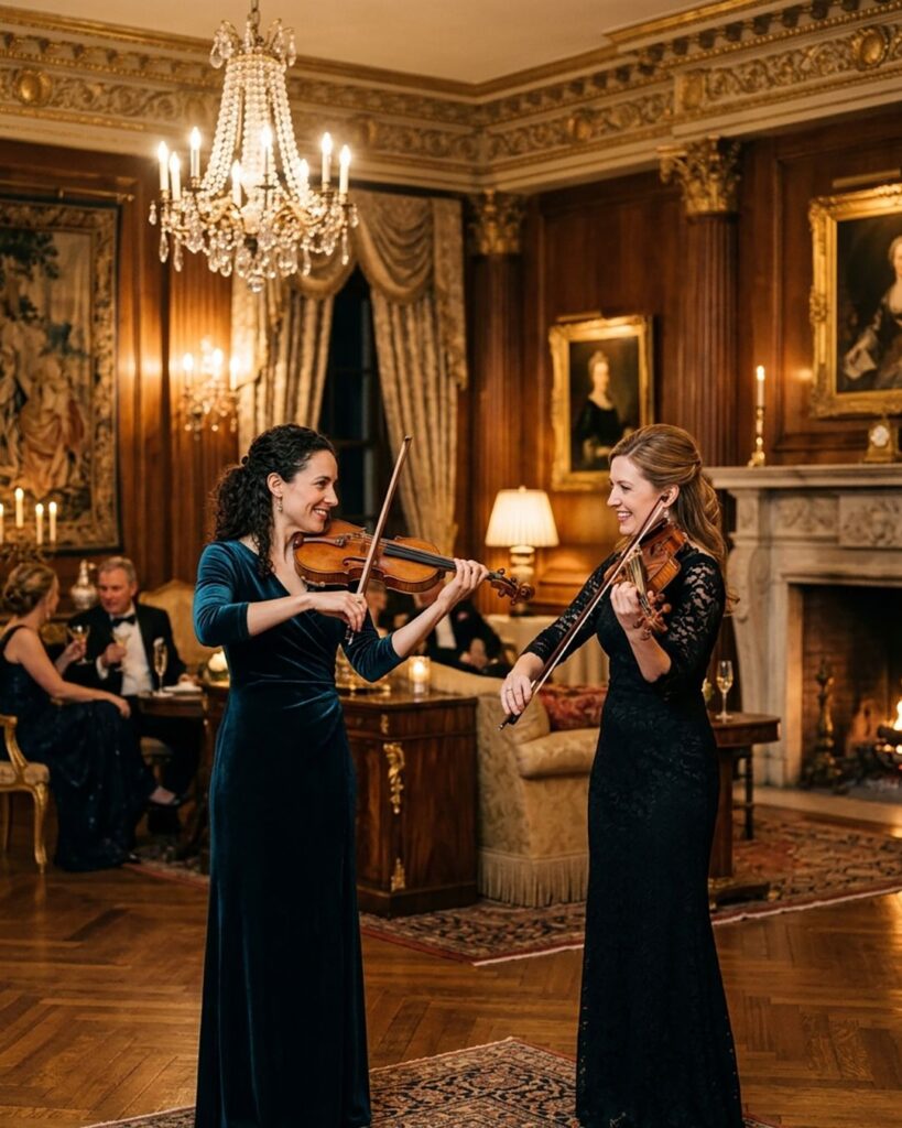 Two female violinists in dark gowns performing as a duo in an elegant wood-paneled room.