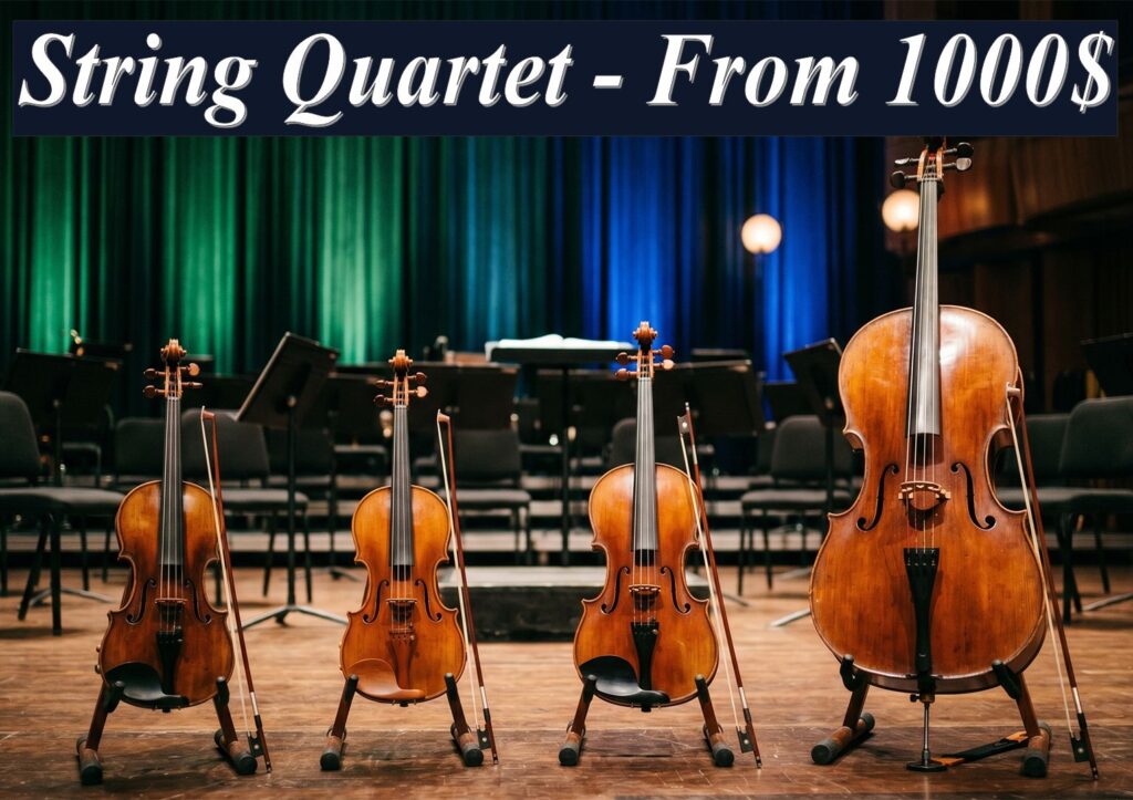 Professional Sydney string quartet ensemble featuring three violins and a cello on stage, with booking prices starting from $1000.
