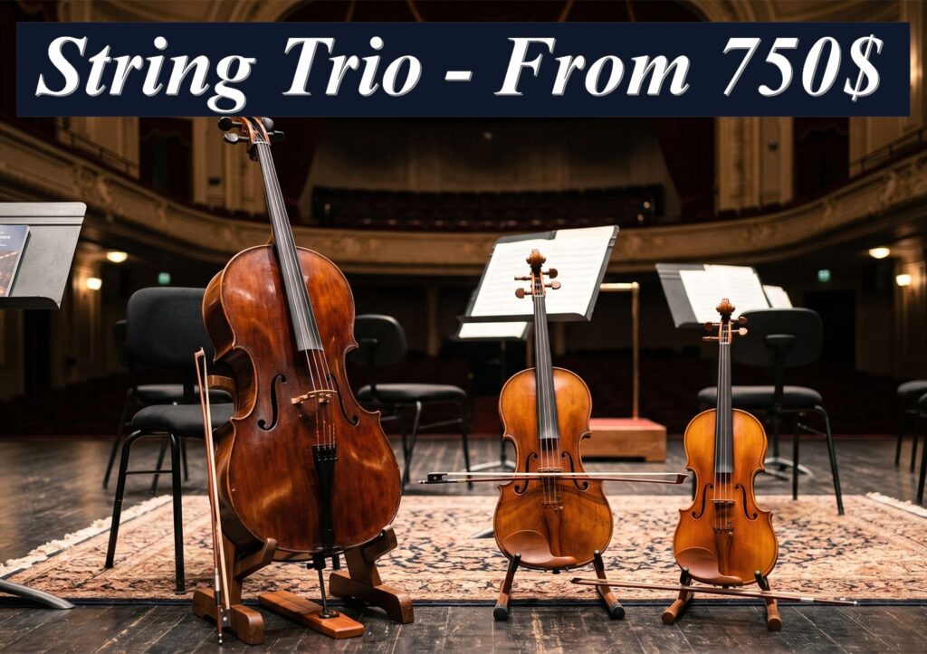 A professional string trio ensemble including a cello and two violins on a stage, with event booking prices starting from $750.