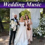 Live wedding music performance with a solo violinist alongside a bride and groom at an outdoor reception.