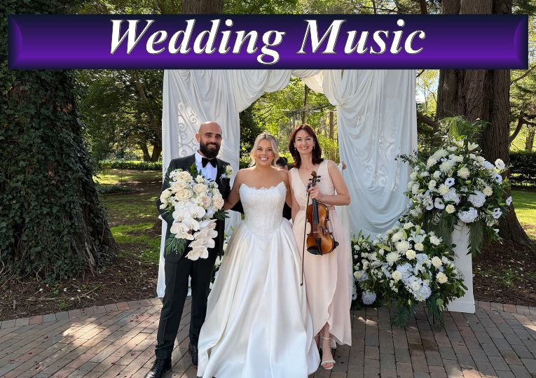 Live wedding music performance with a solo violinist alongside a bride and groom at an outdoor reception.
