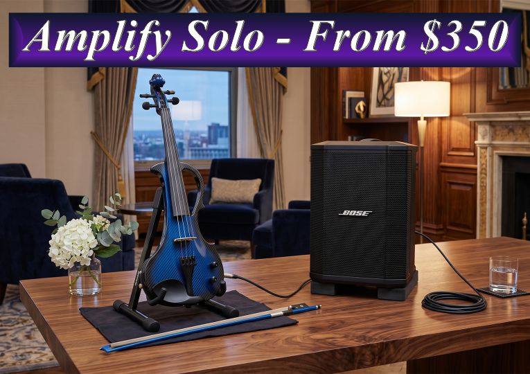 Blue electric violin and Bose speaker setup for amplified solo violinist hire in Sydney