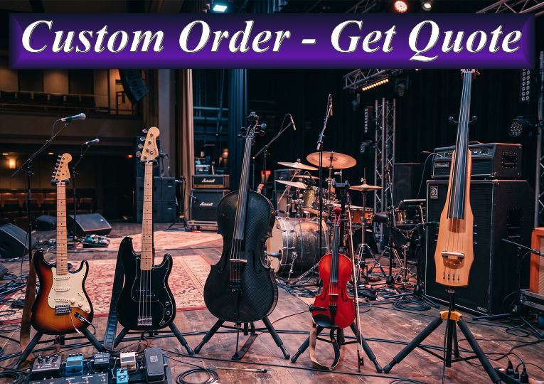 Custom handmade electric guitars and cellos on stage stands in Sydney.