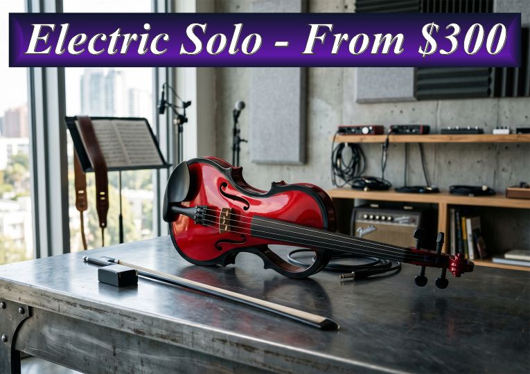 A sleek red electric violin on a modern workbench, representing solo electric violin performances in Sydney starting from $300.
