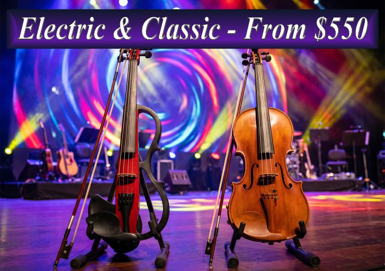 Electric cello and acoustic classical cello on stage with professional lighting, representing the Electric & Classic live music entertainment package.