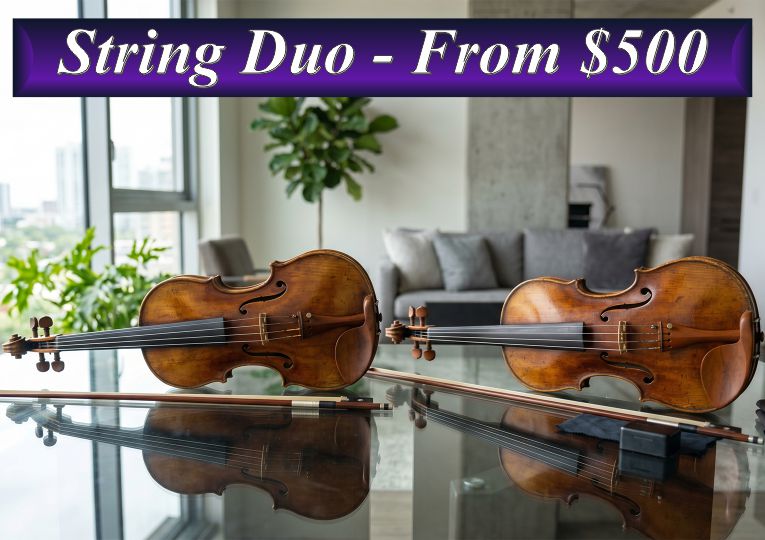 Two professional cellos or violins displayed in a modern interior, representing string duo event music packages starting from $500.