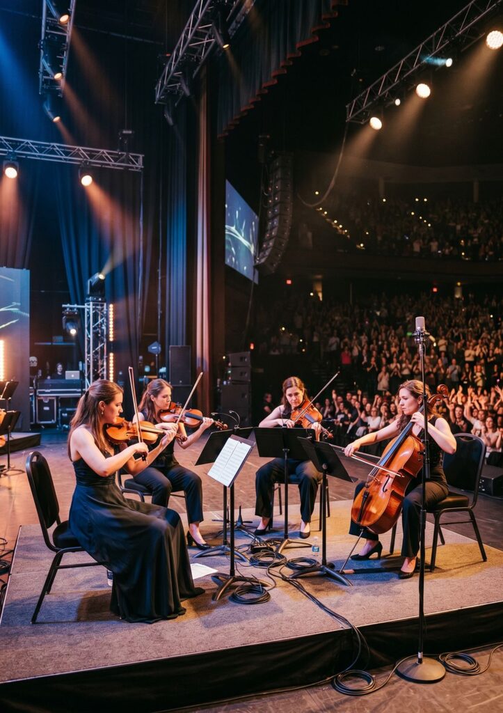 Professional string quartet performing live on stage at a music event.