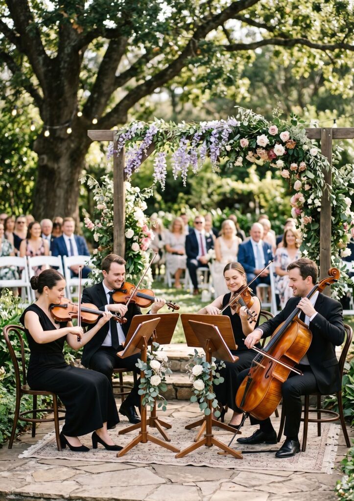 A professional string quartet performing live classical music at an outdoor garden wedding ceremony, booked via planevent.