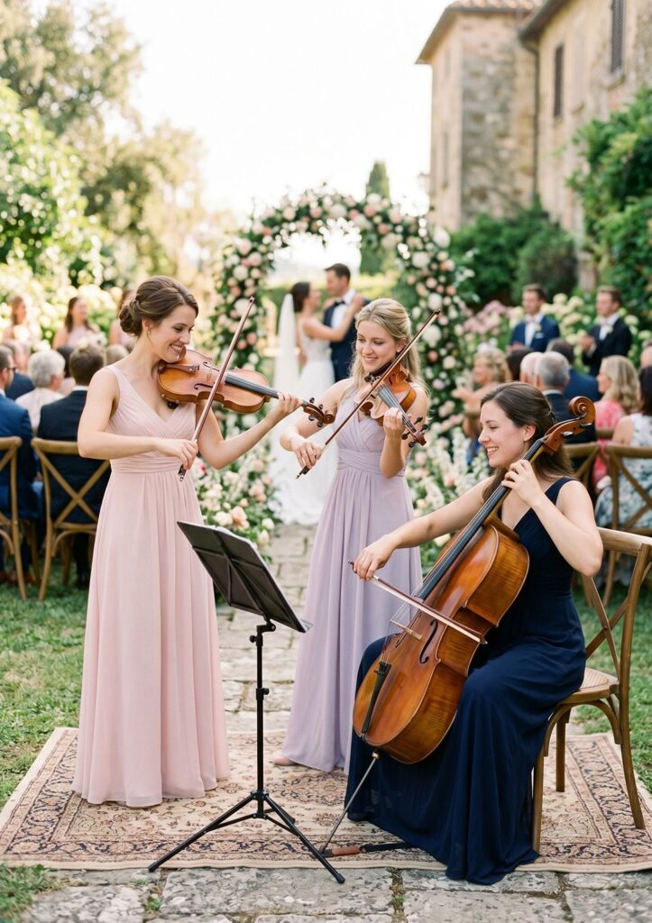A live string trio featuring two violinists and a cellist performing at an outdoor garden wedding ceremony.
