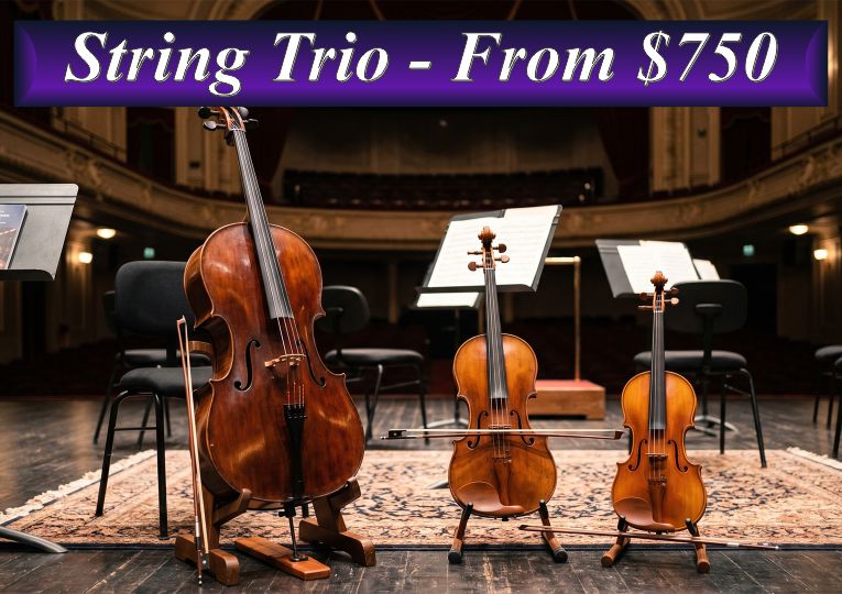 A professional string trio ensemble including a cello and two violins on a stage, with event booking prices starting from $750.