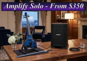 Blue electric violin and Bose speaker setup for amplified solo violinist hire in Sydney