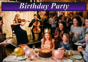 Professional violinist and cellist performing live music for a birthday party celebration in Sydney.