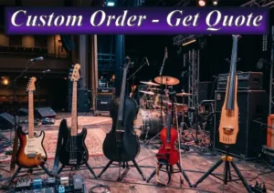 Custom handmade electric guitars and cellos on stage stands in Sydney.