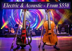 Electric cello and acoustic classical cello on stage with professional lighting, representing the Electric & Classic live music entertainment package.