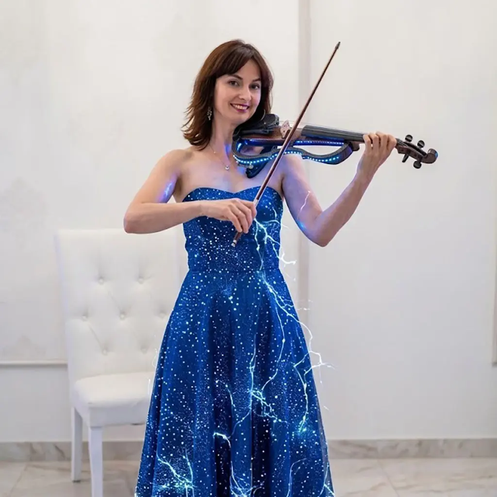Professional female violinist performing in a blue gala dress for event entertainment in Sydney.