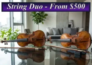 Two professional cellos or violins displayed in a modern interior, representing string duo event music packages starting from $500.