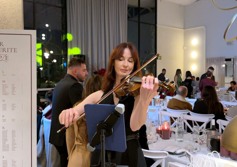 Live wedding violinist performing solo music for guests during cocktail hour reception