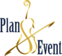 Plan Events logo featuring a treble clef and cursive text, representing professional musician hire and event planning services in Sydney.