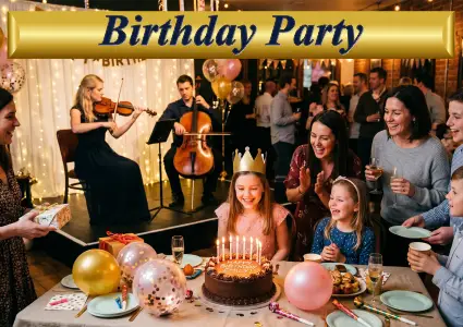 Professional violinist and cellist performing live music for a birthday party celebration in Sydney.