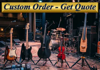 Custom handmade electric guitars and cellos on stage stands in Sydney.