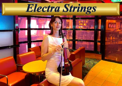 Professional female violinist from Electra Strings performing in a vibrant modern lounge setting.